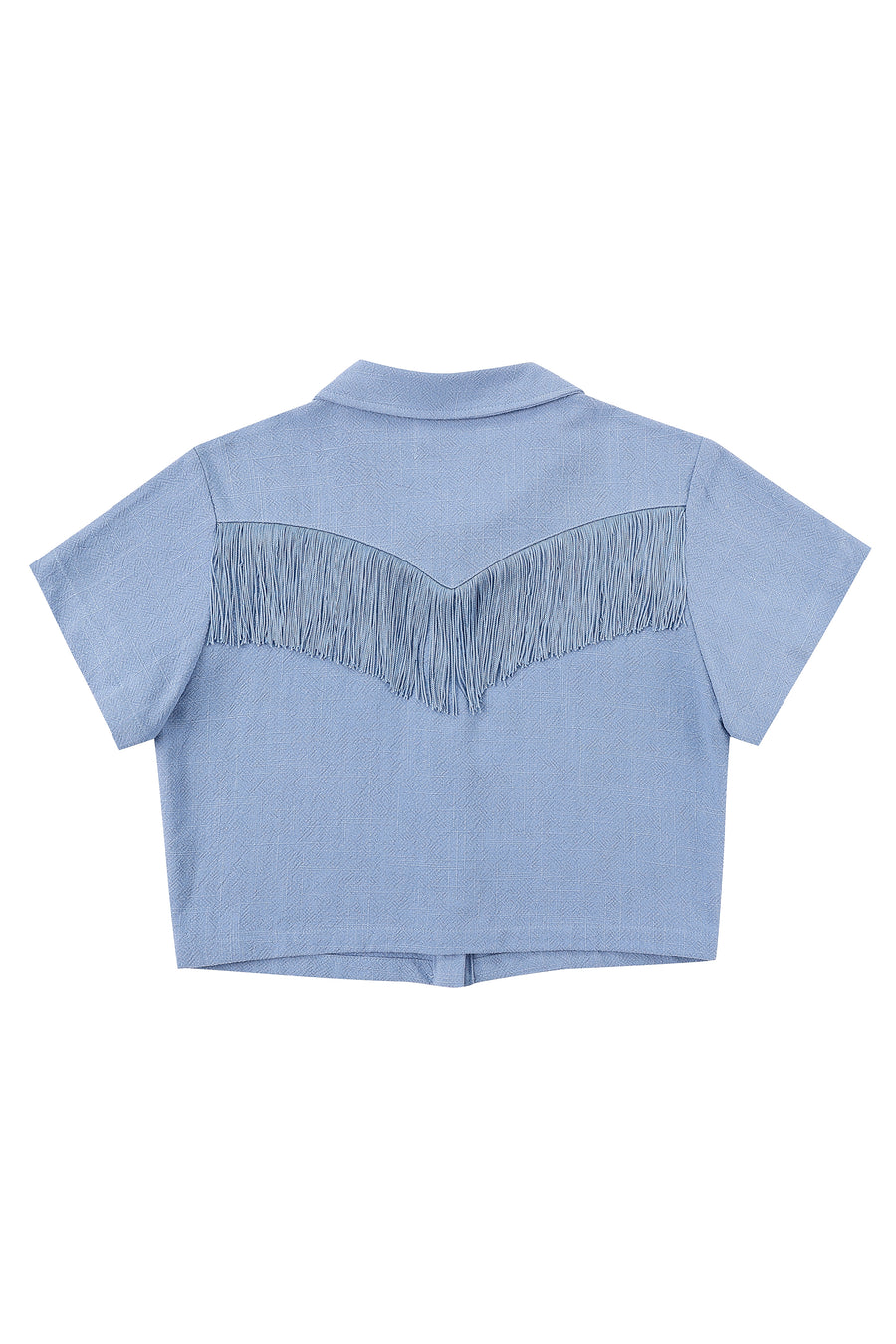 Blue Linen Mushroom Fringe Blouse
