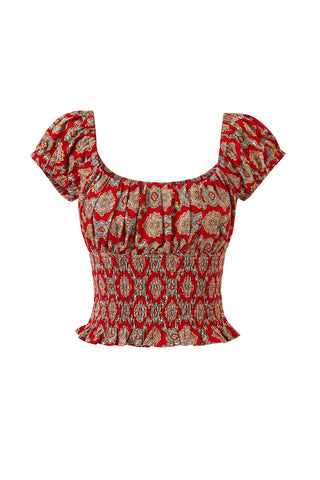 Soft Linen Smocked Waist Blouse Fancy Red Couch