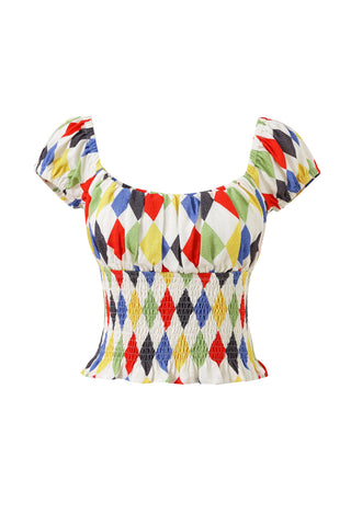 Soft Linen Smocked Waist Blouse Harlequin