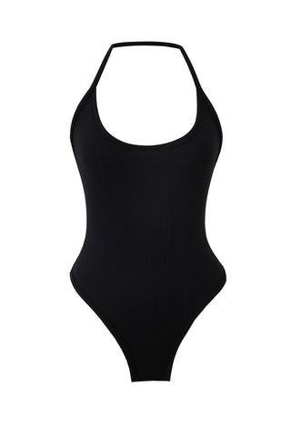 Tencel Rib Thong Halter Bodysuit Black