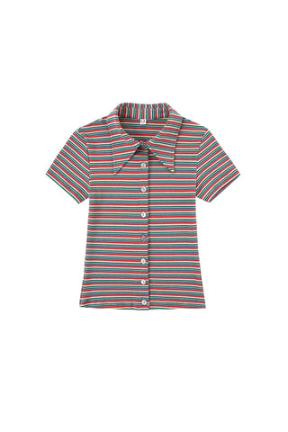 Red Stripe Cotton Collar Shirt