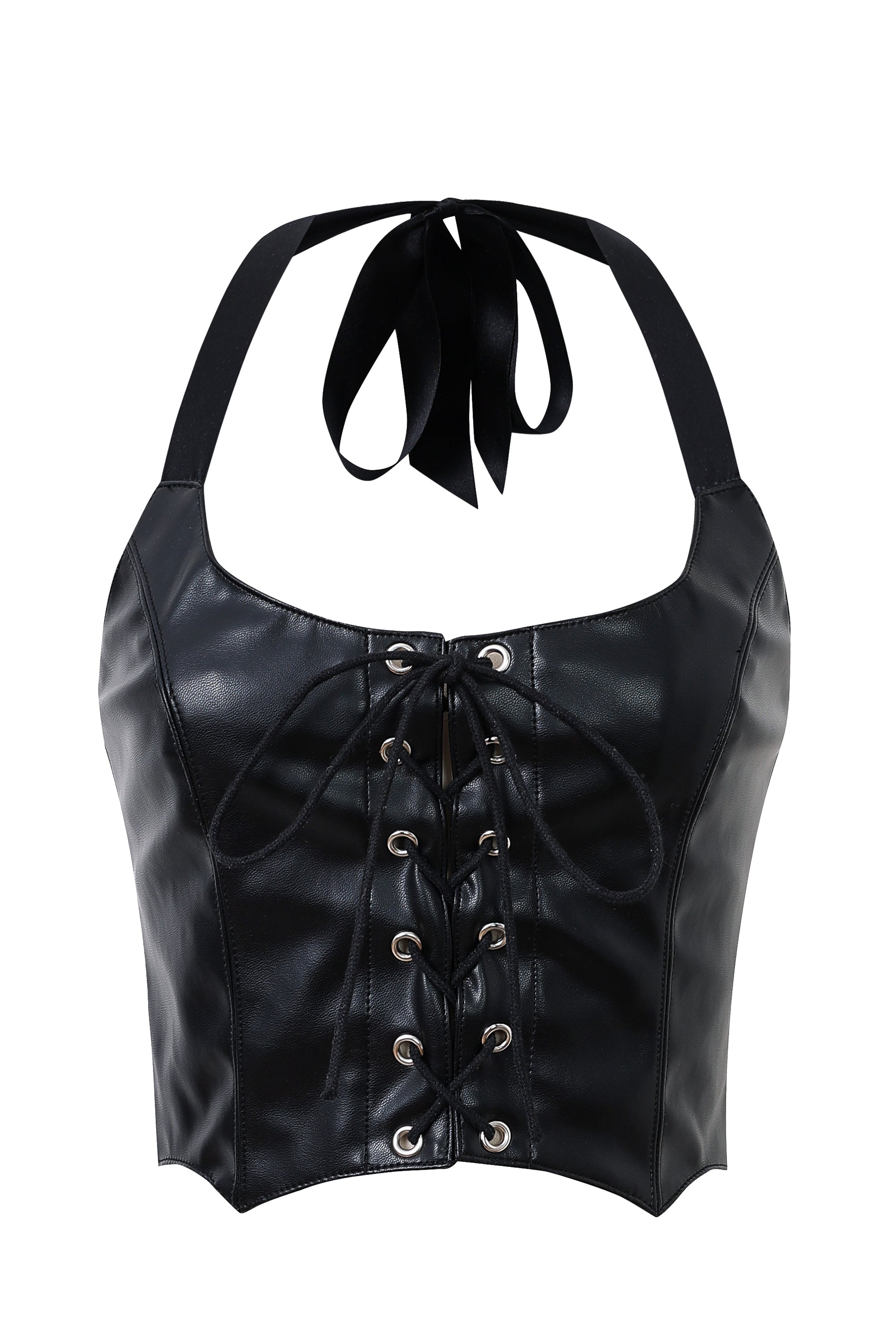 Lace Up Halter Top Plant Leather Black