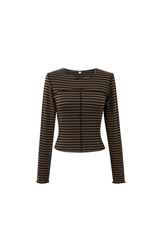 Long Sleeve Brown Striped Knit Tencel/Wool