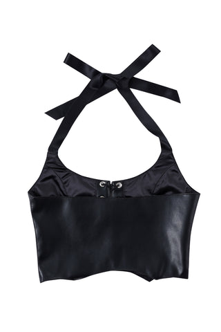 Black Plant Leather Lace Up Halter Top