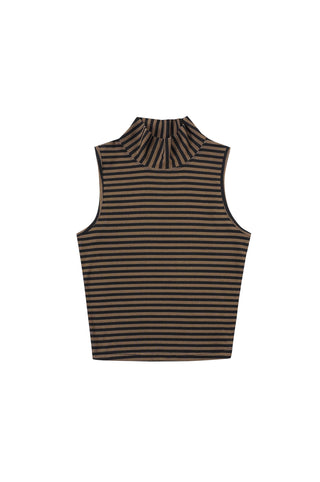 Brown Striped Knit Tencel/Wool Mock Neck Tank