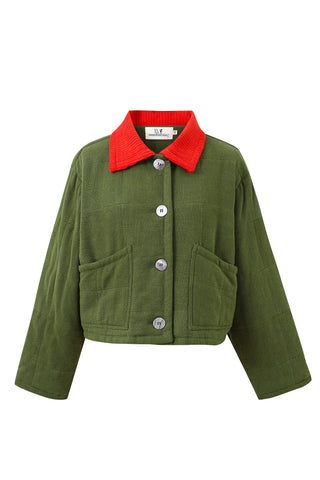 Pieced Barn Jacket Thick Linen Moss/Red
