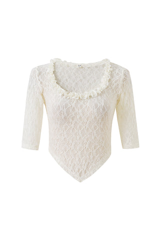 Ruffled Scoop Neck Crop V Top White Lace