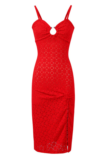 Red Lace Septum Midi Dress