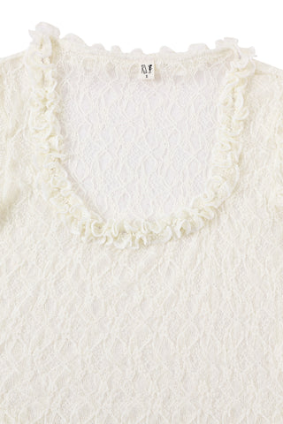 Ruffled Scoop Neck Crop V Top White Lace