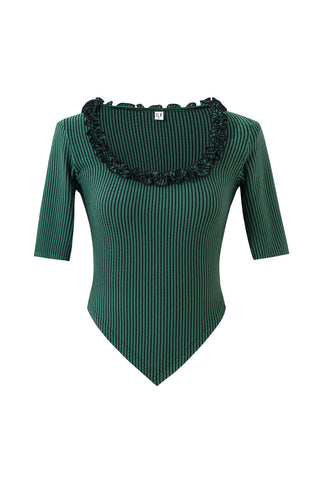 Ruffled Scoop Neck Crop V Top Green Stripe