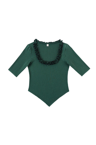 Ruffled Scoop Neck Crop V Top Green Stripe