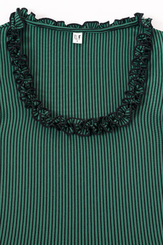 Ruffled Scoop Neck Crop V Top Green Stripe