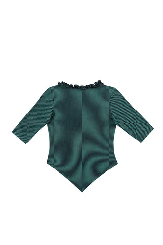 Ruffled Scoop Neck Crop V Top Green Stripe