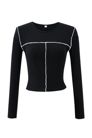Seamed Long Sleeve Top Tencel Rib Black