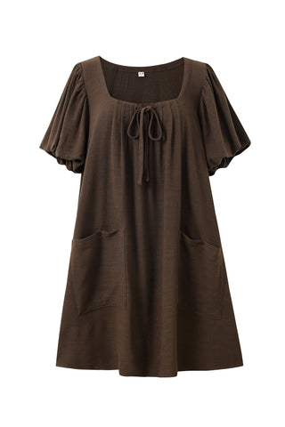 Soft Linen Babydoll Mini Dress Brown