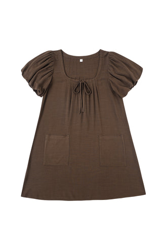 Soft Linen Babydoll Mini Dress Brown