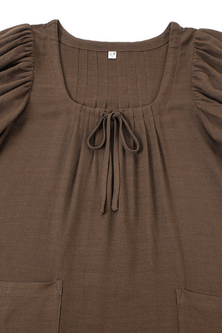 Soft Linen Babydoll Mini Dress Brown