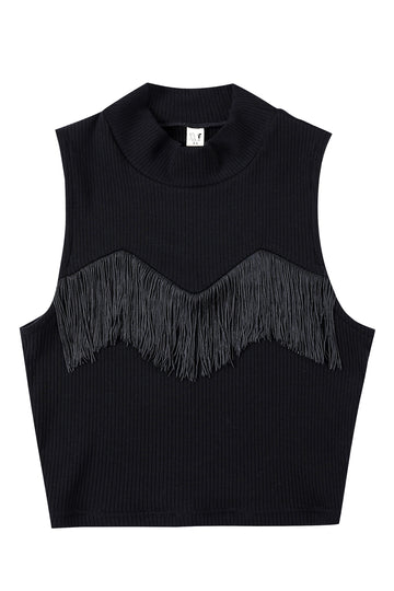 Black Tencel Rib Fringe Crop Top