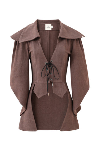 Brown Thick Linen Lace Up Hooded Cloak