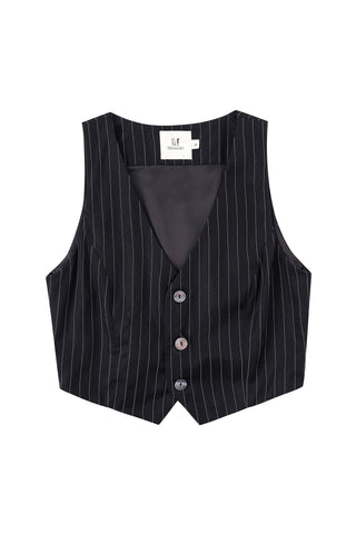 Tencel Stripe Button Crop Vest Black