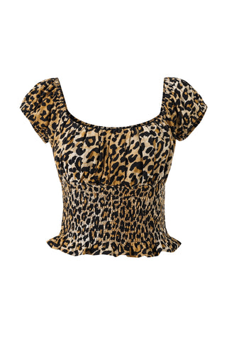 Soft Linen Smocked Waist Blouse Leopard