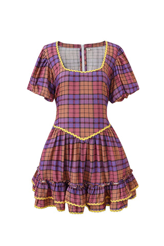 Loretta Ruffle Mini Dress Purple Plaid