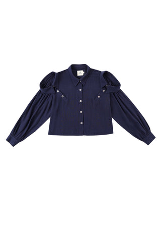3 Collar Navy Long Sleeve Linen Blouse