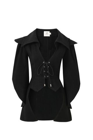 1 left - Black Thick Linen Lace Up Hooded Cloak