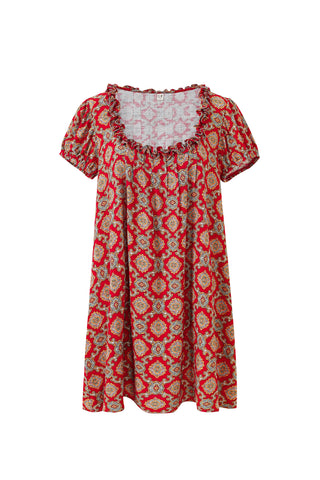 Soft Linen Babydoll Mini Dress Fancy Red Couch