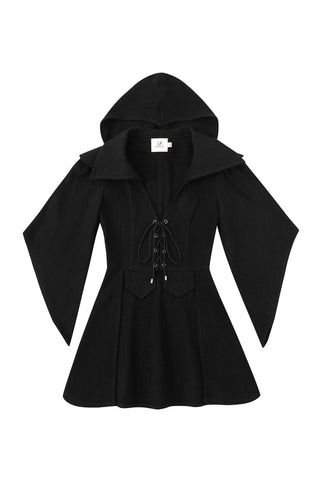 1 left - Black Thick Linen Lace Up Hooded Cloak
