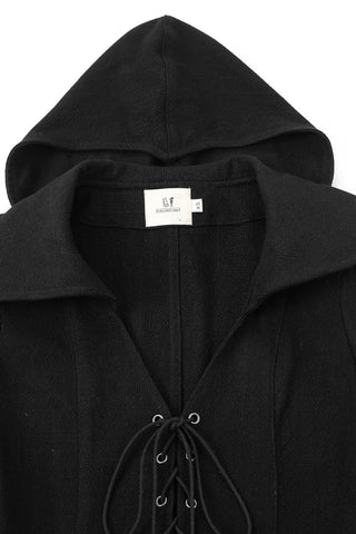 1 left - Black Thick Linen Lace Up Hooded Cloak