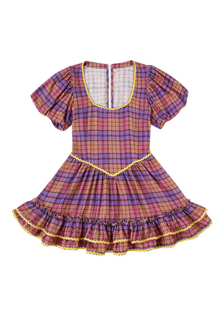 Loretta Ruffle Mini Dress Purple Plaid