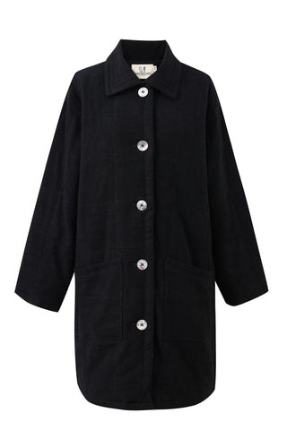 Black Linen Quilted Mid Length Coat