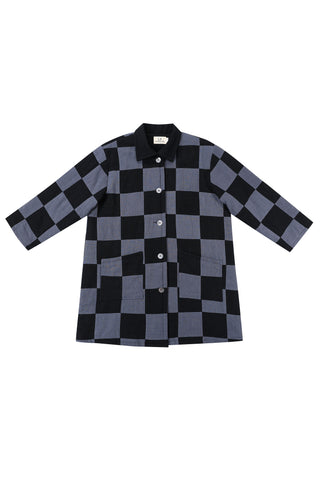 Black/Charcoal Chessboard Linen Quilted Mid Length Coat