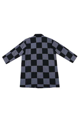 Black/Charcoal Chessboard Linen Quilted Mid Length Coat