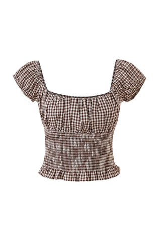 Soft Linen Smocked Waist Blouse Brown Gingham