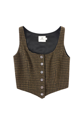 Moss Plaid Wool Blend Button Up Vest Crop Top