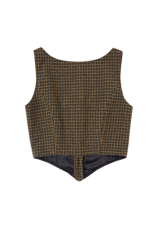 Moss Plaid Wool Blend Button Up Vest Crop Top