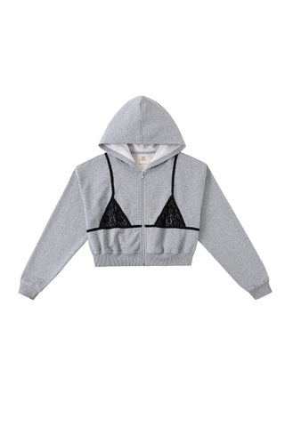 Lace Bikini Bod Zip-Up Sweatshirt Gray/Black