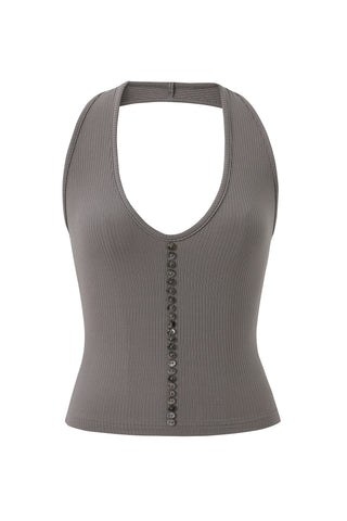 Tencel Rib Button Halter Top Gray