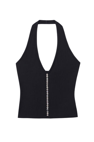 Tencel Rib Button Halter Top Black