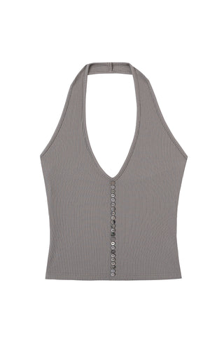 Tencel Rib Button Halter Top Gray