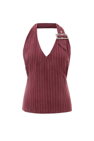 Buckle Halter Top Tencel Stripe Maroon