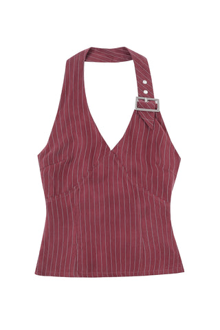 Buckle Halter Top Tencel Stripe Maroon