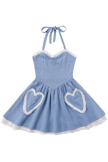 Sweetheart Linen halter Dress Light Blue