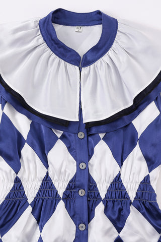 Quilted Silk Harlequin Jester Top Navy