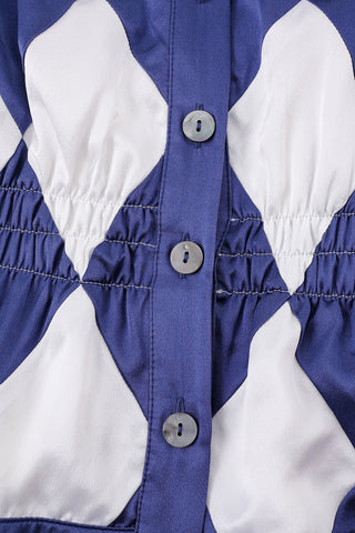 Quilted Silk Harlequin Jester Top Navy