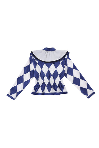 Quilted Silk Harlequin Jester Top Navy