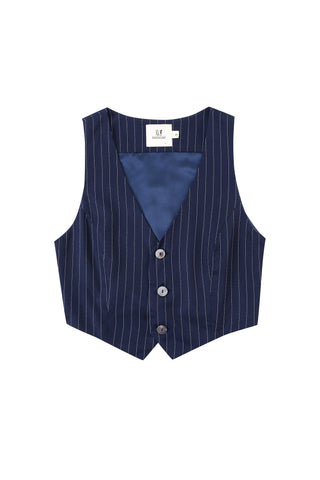 Tencel Stripe Button Crop Vest Navy