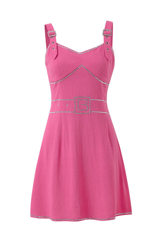 Buckle Strap Rhinestone Soft Linen Mini Dress Pink